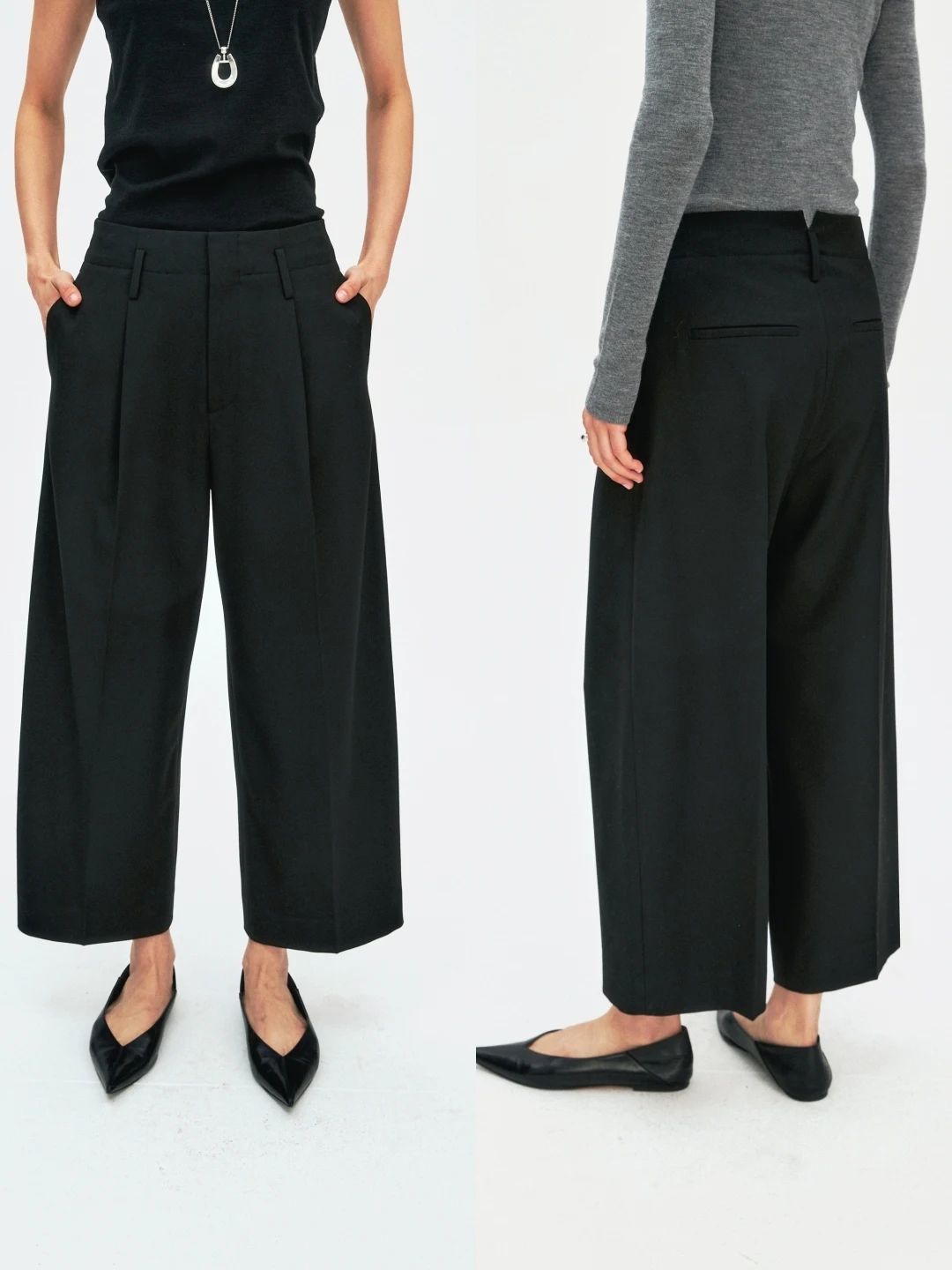 

MRS Studios Casual Straight Leg Black Pants V-Design Back Waist Nine Points Slimming Pleats Women's Polyester Blend Trousers