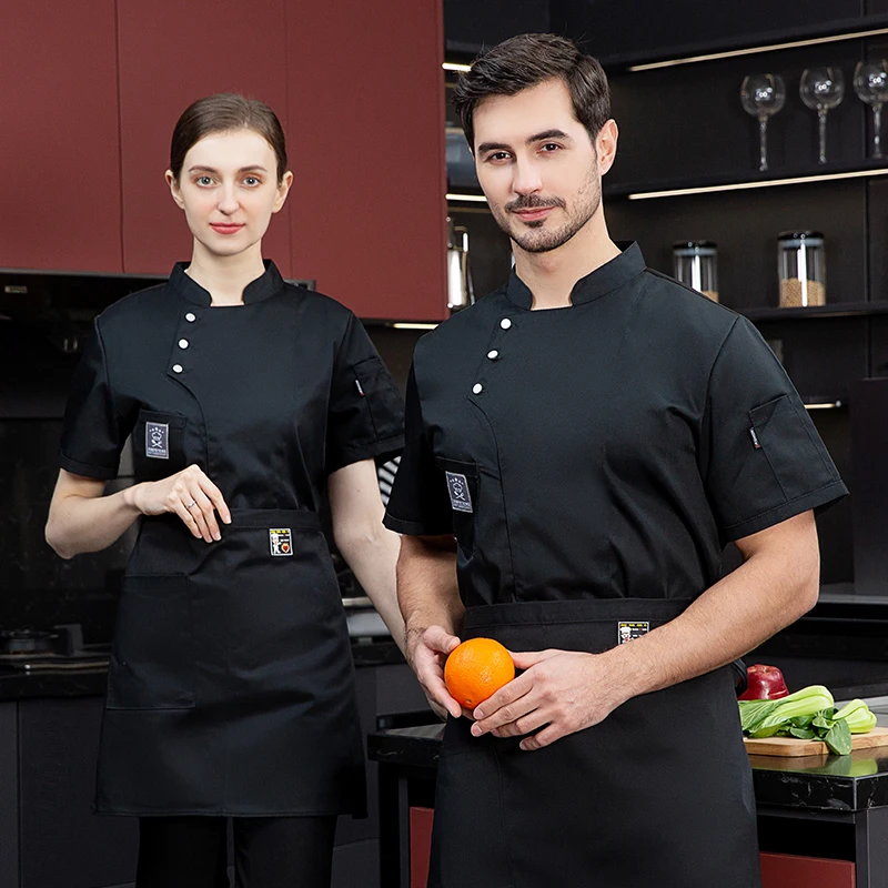 Unisex Küchenchef Mantel kurze Restaurant Uniform Shirt Service Bäckerei atmungsaktive Zweireiher Koch Kleid Koch Jacken Schürze