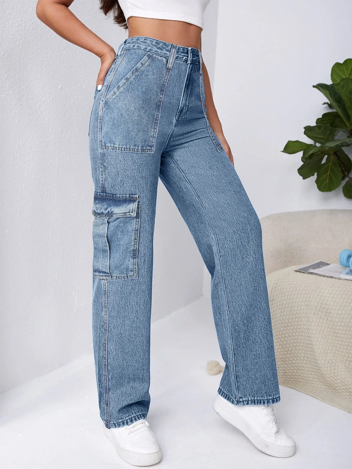 Women's Jeans New Fashion Personalized Workwear Pants Denim Straight Leg Trousers Pockets Fashion Vintage Jeans Female