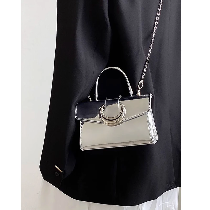 HAEX Y2K Women Mini Handbags Fashion INS New Lacquer Leather Silver Crossbody Shoulder Bags Luxury Designer Chains Bolso Mujer