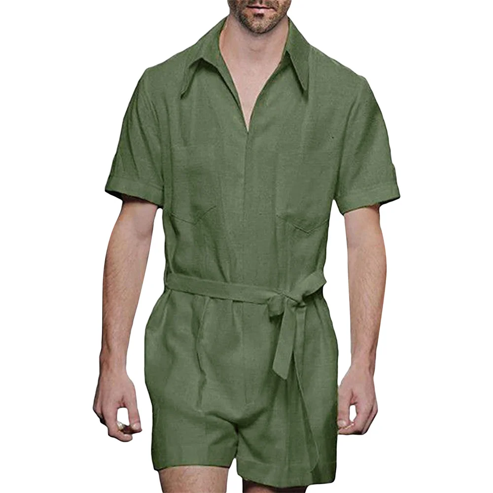 Douhoow Men\'s Jumpsuit Solid Zipper Pockets Rompers Summer Short Sleeve Overalls Men Lapel Rompers Lounge Sleepwear with Belt