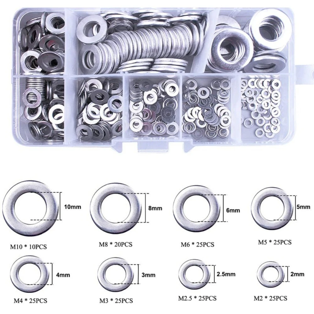 

180pcs Stainless Steel Flat Gaskets 304 Flat Ring Washers Boxes Combined M2 M2.5 M3 M4 M5 M6 M8 M10 Gasket Rings Screws