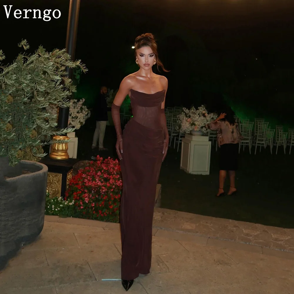 

Verngo Brown Chiffon Evening Dress Strapless Bone Mermaid Formal Occasion Dress Sexy Maxi Saudi Arabia Prom Gowns