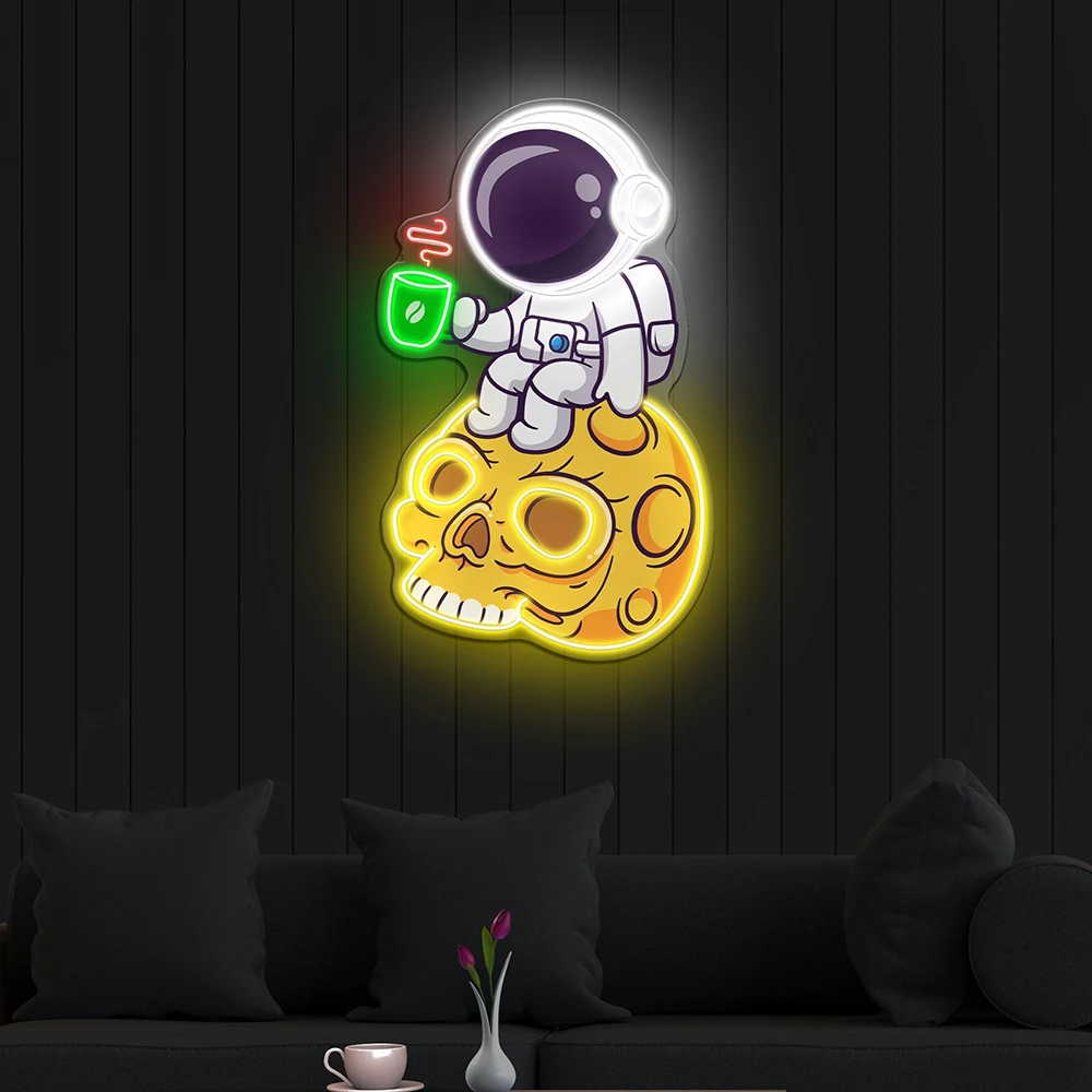 Astronauta bonito bebendo café na lua do crânio Sinais de néon, Cartoon Custom Neon Sign para Bar, Clube, Home Wall Decor, Luz LED