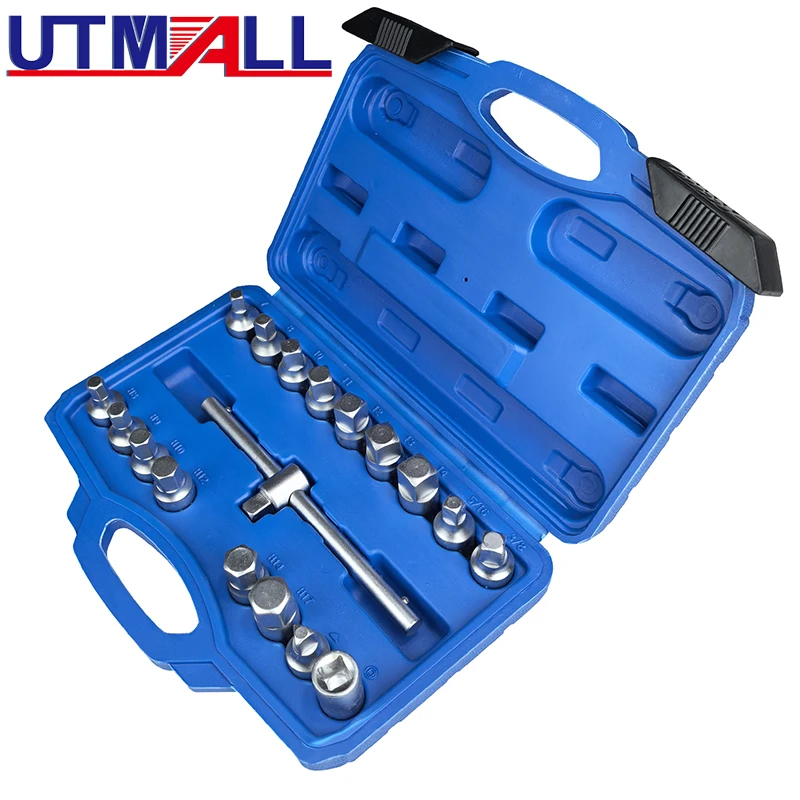 18pcs Oil Drain Plug Removal Tool Key Set Square Hexagon Socket Kit  3/8-Inch drive Nut Adaptor Tool