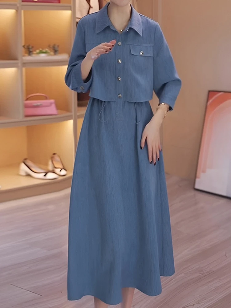 

Elegant Slimming High Waist Midi Dress Fake Two-Piece Design Korean Style A-Line Skirt Long Sleeve Collar Spring Fashion