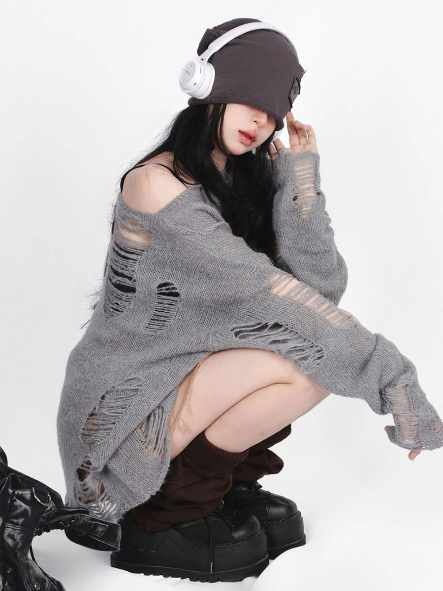 Pull Déchiré Vintage pour Femme, Streetwear, Ulzzang, Baggy, Chic, Simple, Sexy, Smock, Coréen, Nouvelle Mode Automne 2022