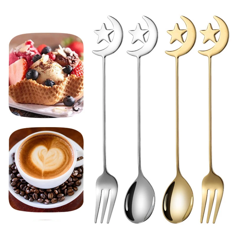 4/8pcs Stainless steel star moon spoon and fork tableware set honey dessert spoon coffee spoon suitable for coffee dessert shop