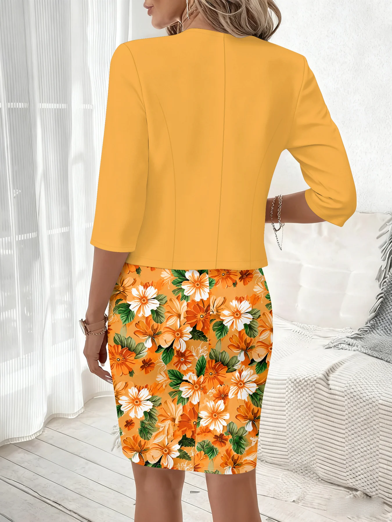 Print Design Casual Style Sunflower Botanical Floral & Leaf Print Round Neck Sleeveless Dress Set
