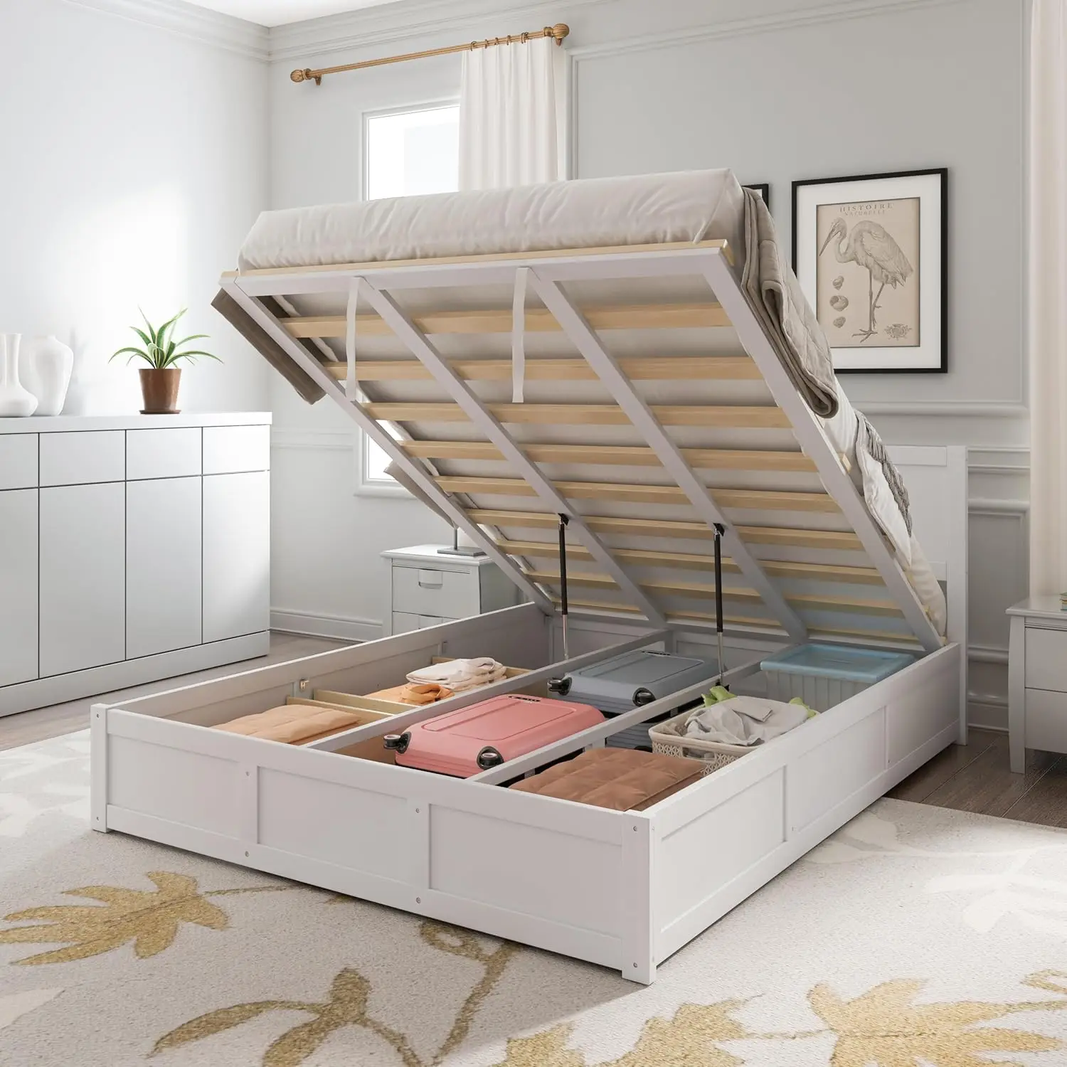 Lift Up Storage Bed Luxury Queen Size Wood Platform Bed With Hydraulic Storage System And 2 Drawers, Streamlined