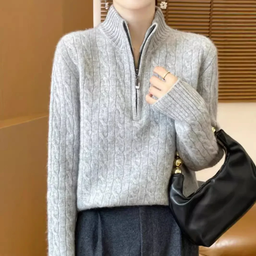 

Осень-зима, новый стиль, женский кашемировый свитер с воротником-стойкой, спиральная рубашка на молнии, шерстяной вязаный свободный повседневный топ
