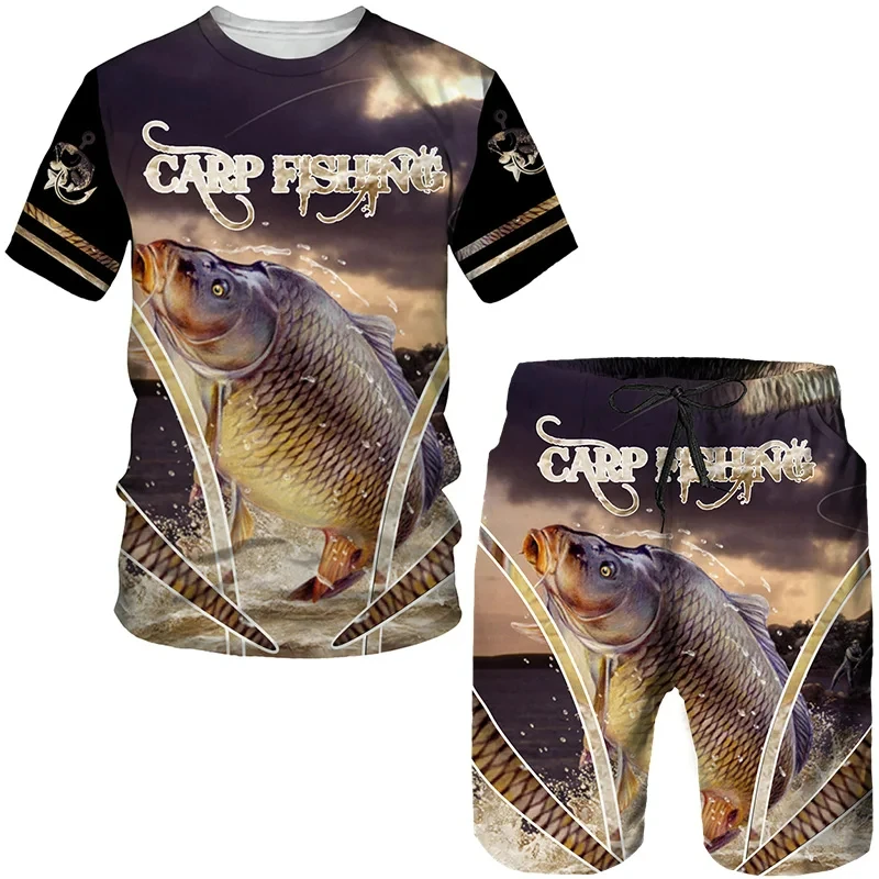 Summer Carp Fishing Pattern Men\'s T Shirt+Shorts 2PCS Outfits Casual Shorts Sets 3D Print Oversized Man Clothes O-Neck Tracksuit