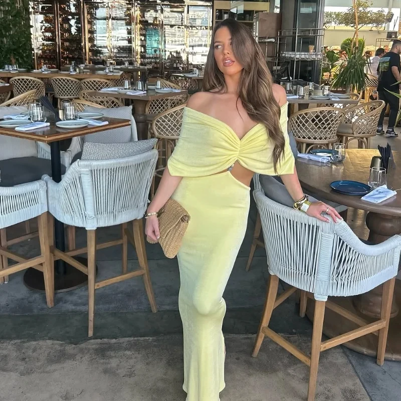 Vestido largo amarillo plisado con cuello en V elegante para mujer, vestidos de cintura alta ajustados recortados a la moda, nuevos vestidos de playa para vacaciones de verano