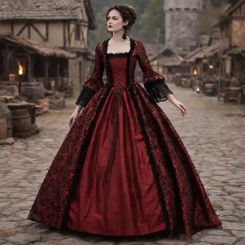 Mittelalterliches Gotisches Maxikleid für Damen Renaissance Spitze Quadratischer Ausschnitt Trompetenärmel Cosplay-Kleid