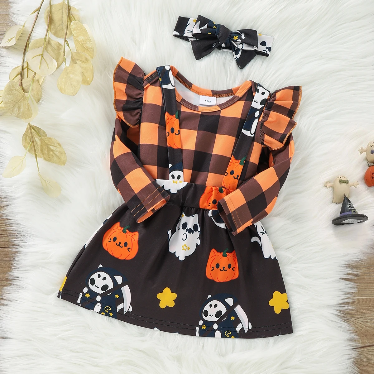 PatPat Halloween Style Party Dress Newborn Baby Girl Clothes New Born Kids Plaid Print Ruffle Decor Long-sleeve Orange Baby Set