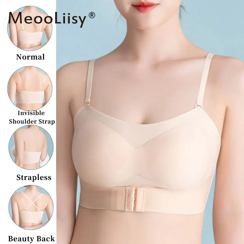 

MeooLiisy Multi-way Strapless Women Bras No Wire Full Cup Lingerie Beauty Back Invisible Front Buckle Non-slip Underwear