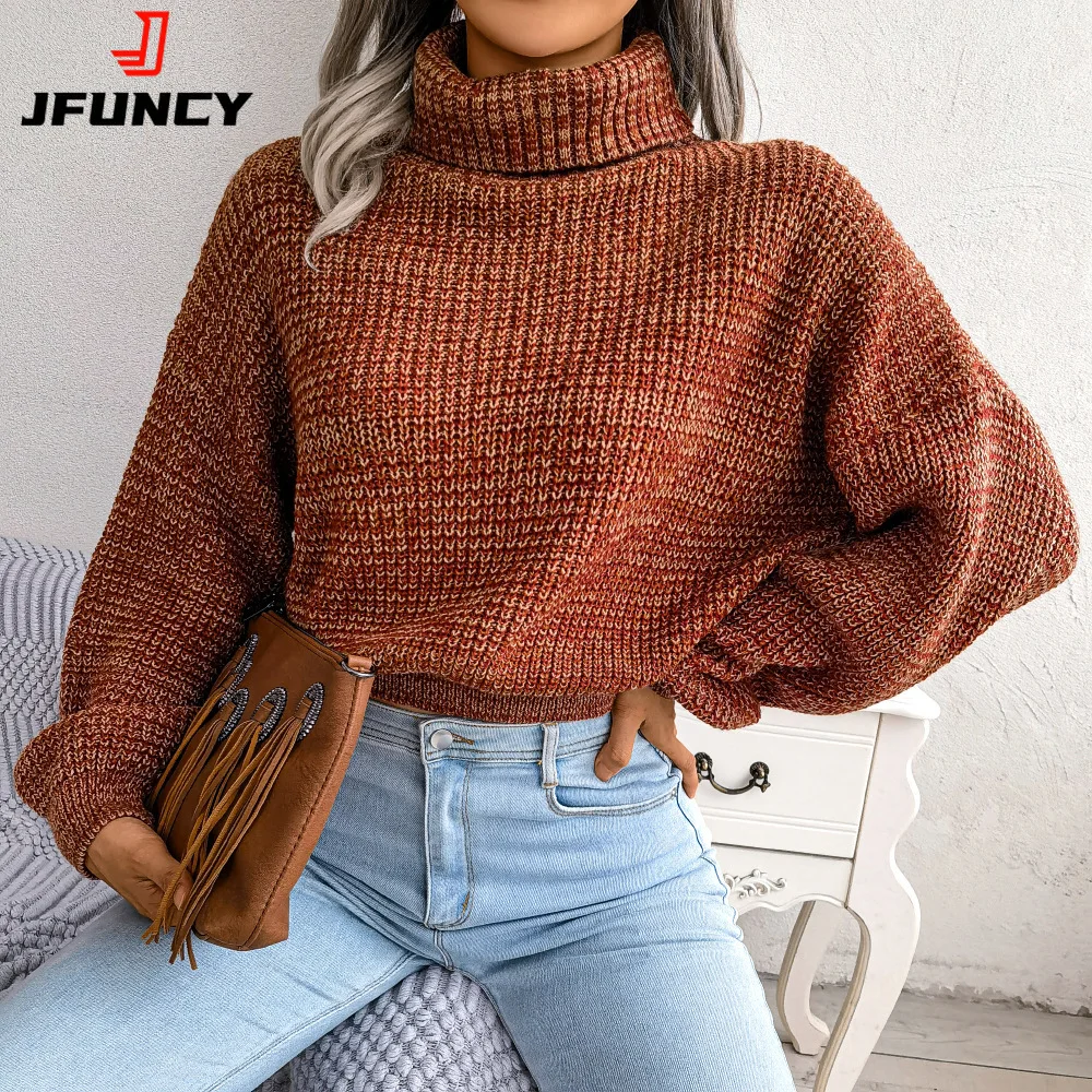 JFUNCY Sweter Wanita Fashion Pullover Pendek 2022 Musim Gugur Musim Dingin Turtleneck Wanita Lengan Panjang Rajutan Longgar Mantel Rajutan Wanita