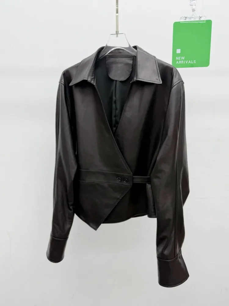 Vintage Autumn New Women Real Sheepskin Jacket V Neck Slim Waist Genuine Leather Jacket Fashion Ladies Retor Style Outwear Coat