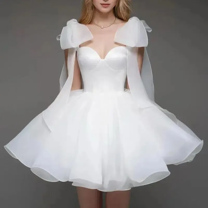 Customized Elegant Organza Wedding Dresses Mini A-Line Short Bow Straps Sweetheart Bridal Gowns Backless Sleeveless Bride Dress