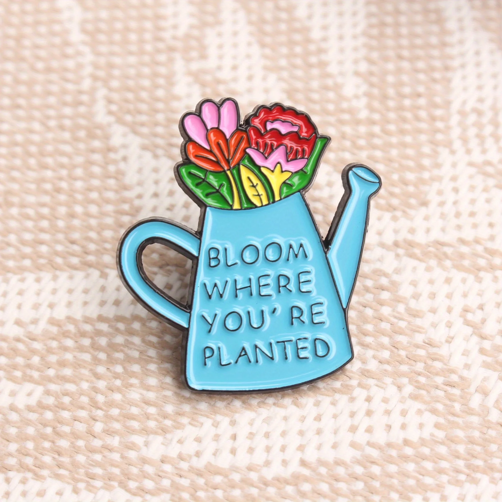 Positive Resonance Badge | Watering Can “BLOOM ...”  Unique Uplifting Statement Accessory. Fits Backpacks, Adds Fun To Outfit.