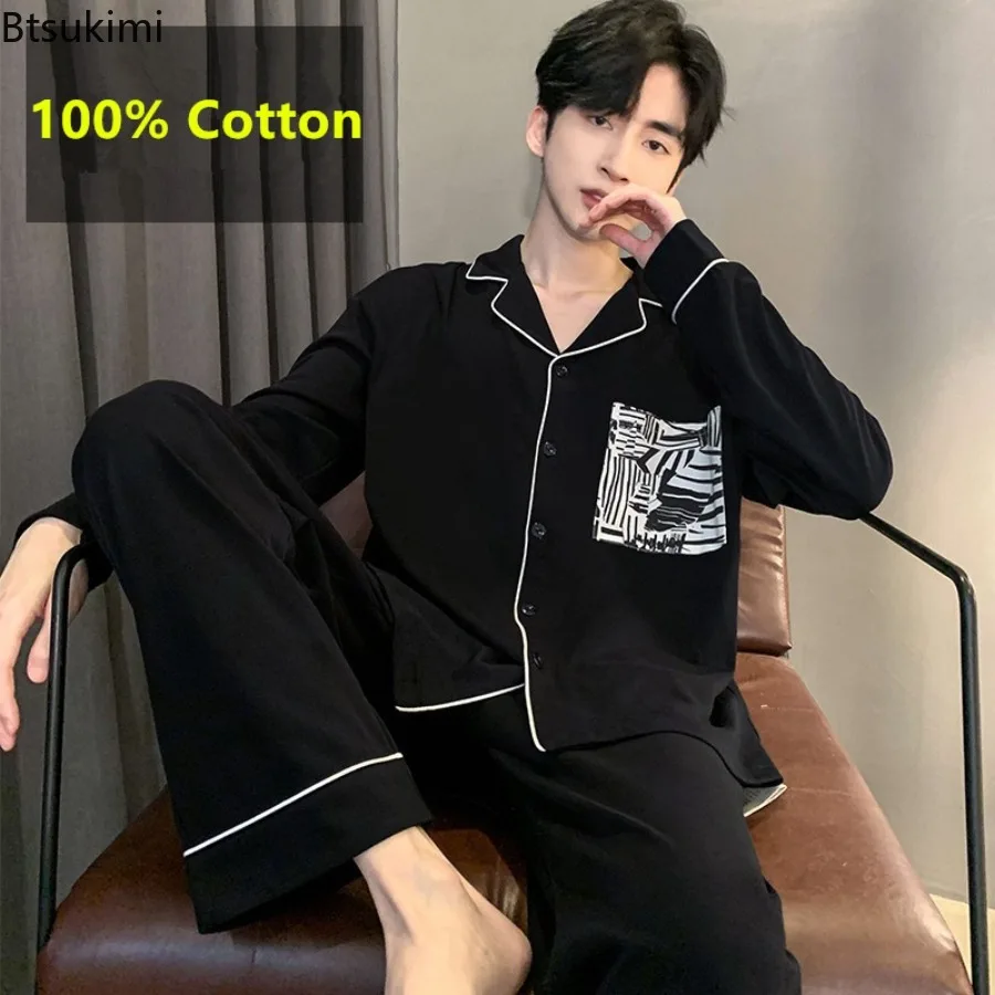 2024 New 100% Cotton Pajamas Sets Men's Casual Loose Long Sleeve Home Clothes Male Comfortable Four Season Sleepwear Lounge Wear