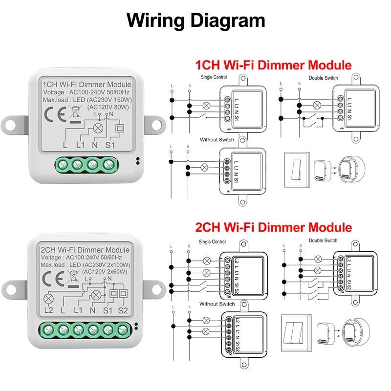 Tuya Wifi Zigbee Wireless 10A 1/2Gang Module Mini Dimmer Interruptor Remote Control Electric Circuit Smart Light Breaker Switch