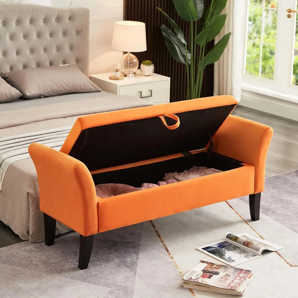 Modern Velvet Upholstered Storage Ottoman Bench, 51 Inch, Wood Accented Entryway Furniture for Living Room