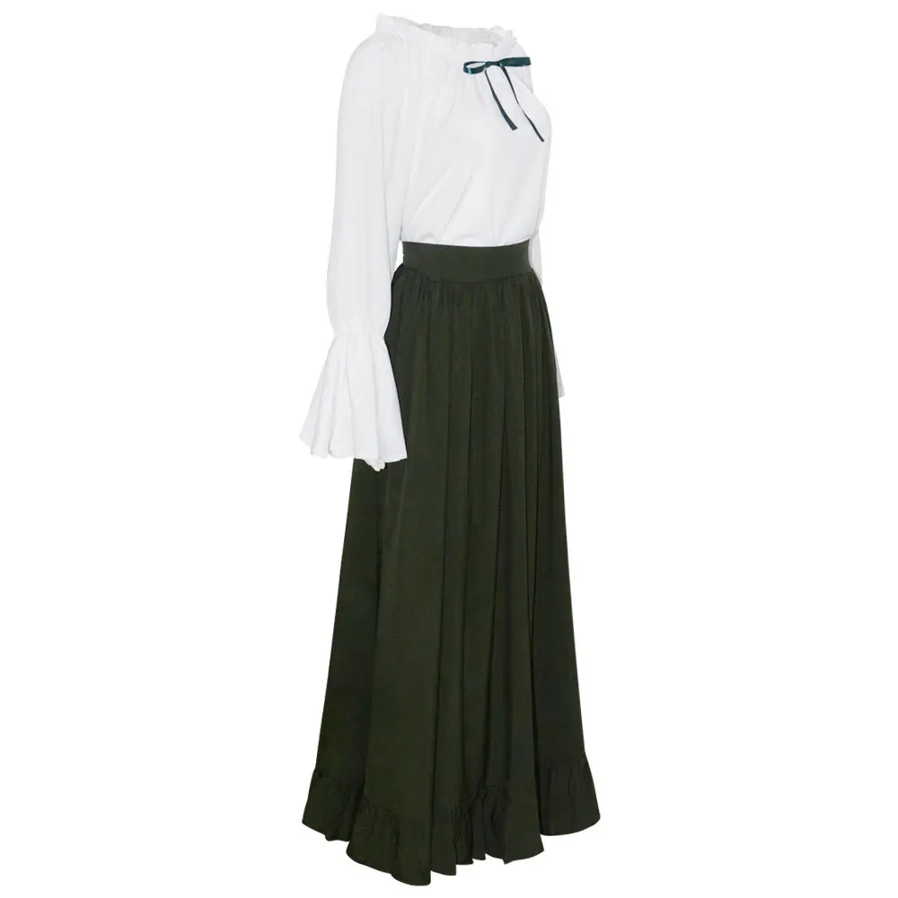Medieval Renaissance Women Dress High Waist Dresses Retro Solid Color Slim Fit O-neck Long Skirt+shirt image 3