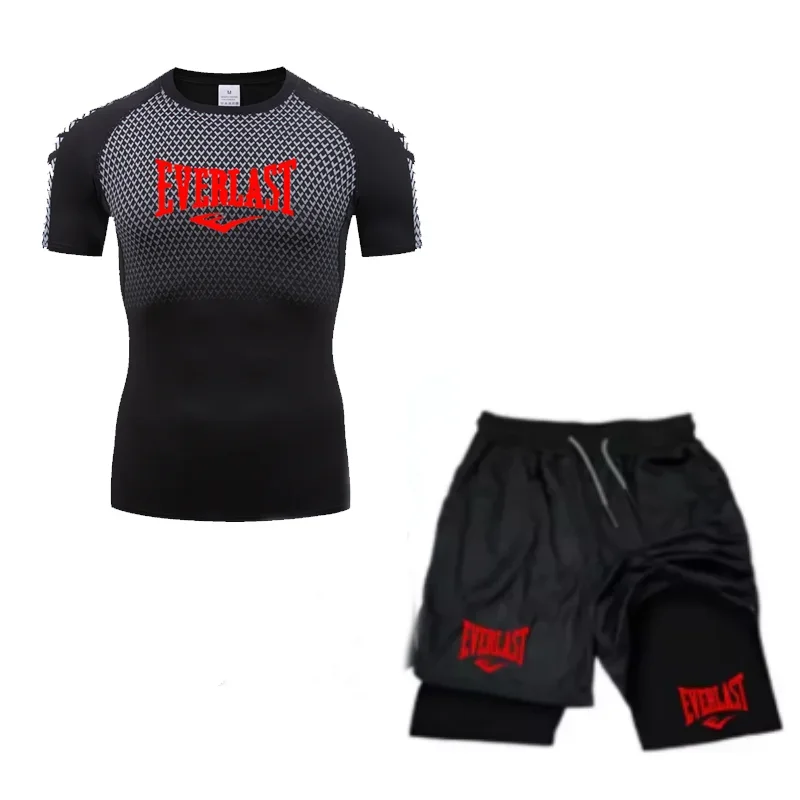 EVERLAST الرجال ضغط قميص + 2 في 1 السراويل الرياضية 2 قطعة مجموعة الترفيه التنفس قصيرة الأكمام الرياضة الركض رياضة العلامة التجارية ملابس منقوشة
