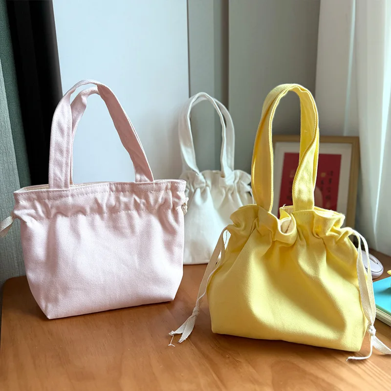 Custom Print Logo Handbag Japanese Solid Color Lunch Bag Large Capacity Drawstring Pocket Wholesale Small Fresh Canvas Bag