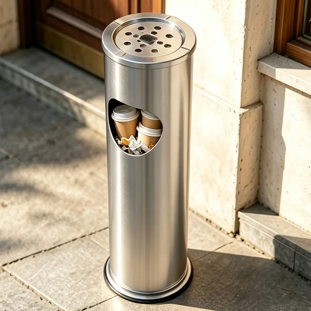 8L Stainless Steel Trash Can with Disposal Unit for Hotels and Lobbies Floor Standing Waste Bin Side Drop Opening