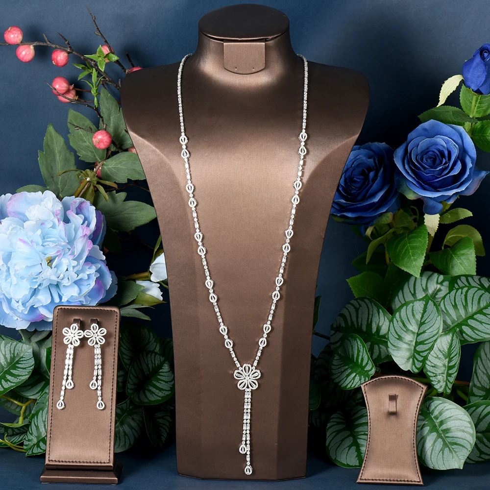 

HIBRIDE New Flower Shape Sweater Long Necklace And Earring Sets For Women Wedding Party CZ African Dubai Bridal Jewelry N-1332