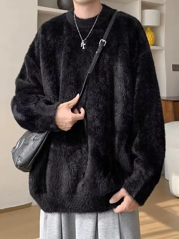 

Trendy Men's Winter Knitwear Lazy Sle Pure Color Mink Velvet Loose High-End Casual New Model Knitted Sweater