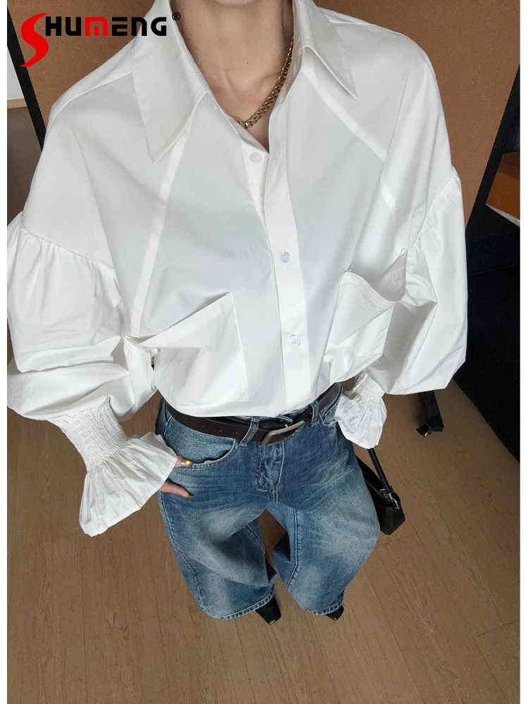 

Women's 2026 Spring New Fashion Loose Comfort Cotton Shirts Lapel Pocket Decoration Simple Tops Long Sleeve Solid Color Shirts
