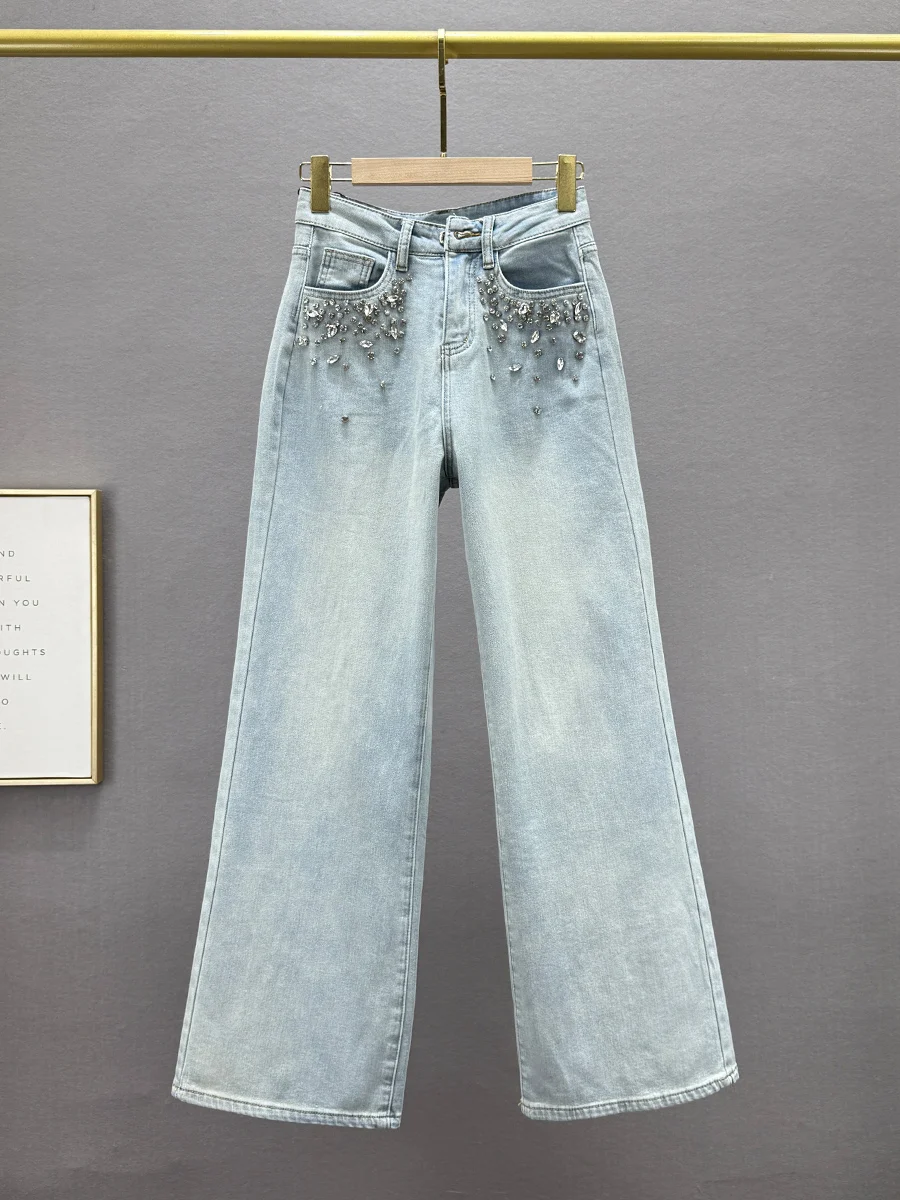 

High Waist Fce Wide Leg Jeans Women's Trendy Autumn Winter New Loose Slimming European Diamond Embellied Long Pants