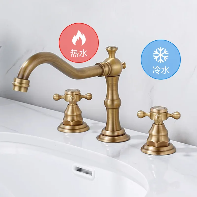 French Retro All-copper Basin Faucet Three-piece Double Handle Split Three-hole Hot and Cold Splash-proof Faucet