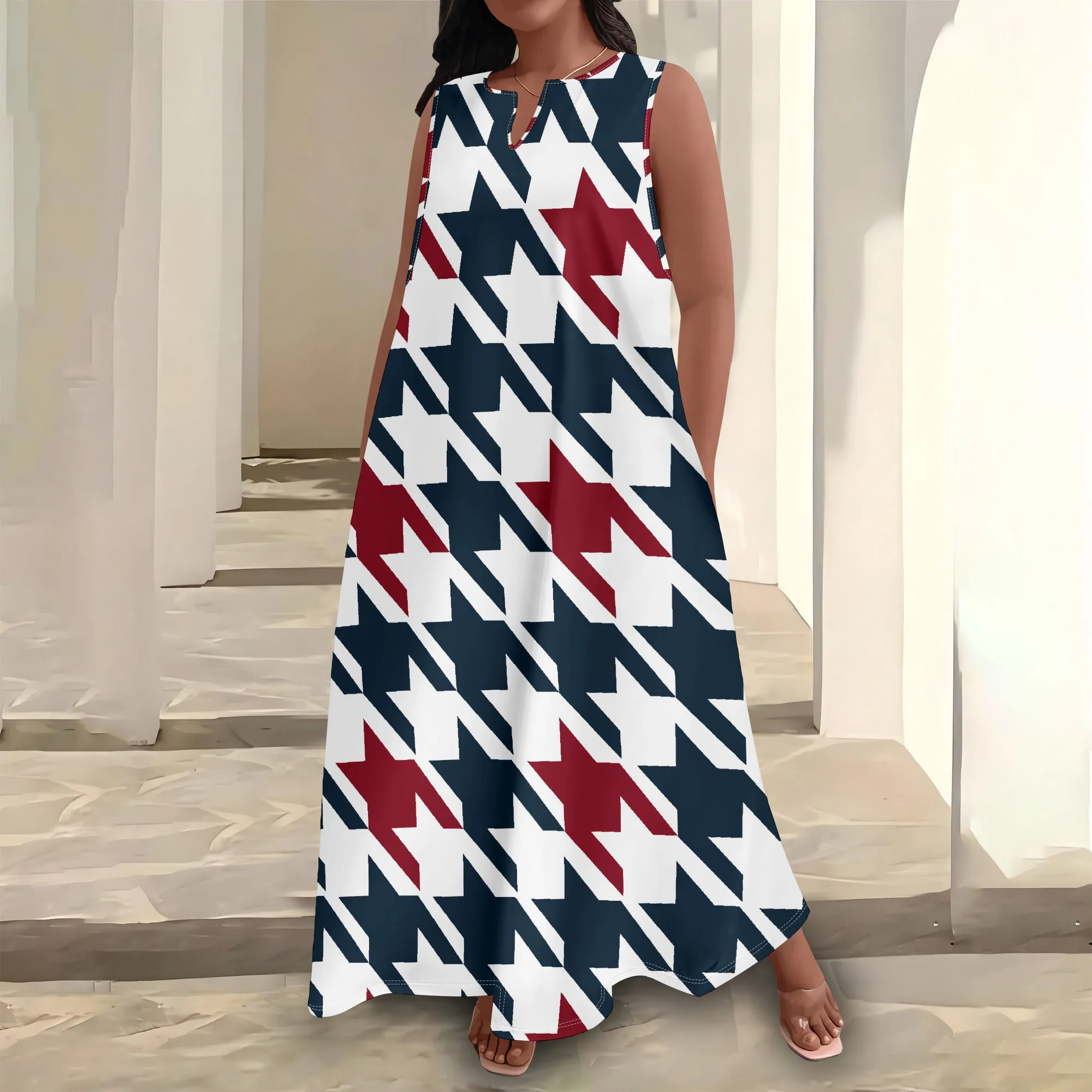 

Plus Size Women's Summerl Fashion Printed African Style Sleeveless Round V Neck Dress Loose And Casual Dress
