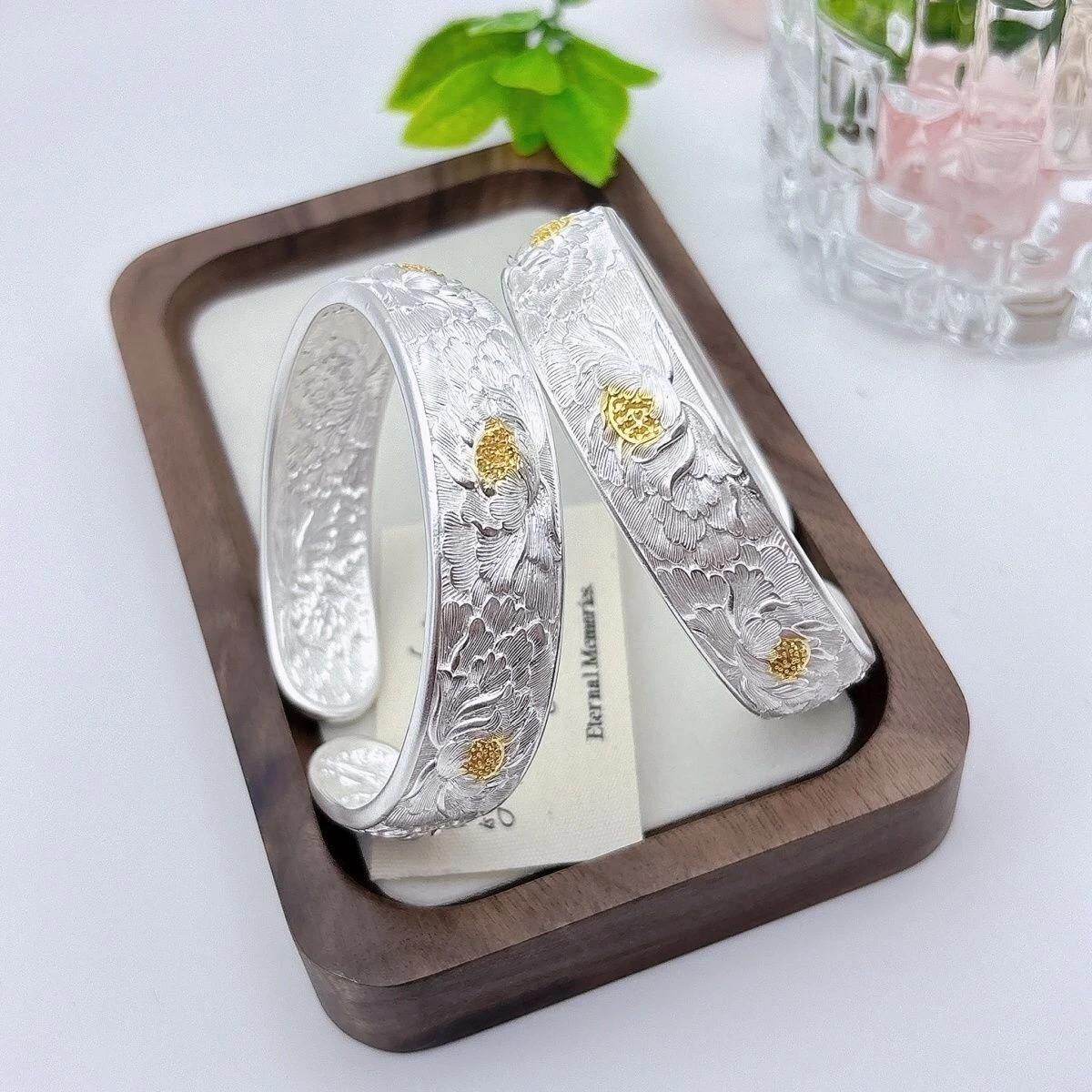 OUYADI 999 Sterling Silver Women Adjustable Bangle, Luxe Gilded Peony Open Bracelet Premium Gift For Her Mother
