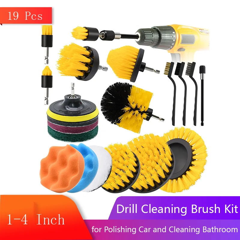 Drill Cleaning Brush Kit 19 Pcs Yellow with Power Scrubber Attachment for Polishing Car and Cleaning Bathroom Kitchen Surface