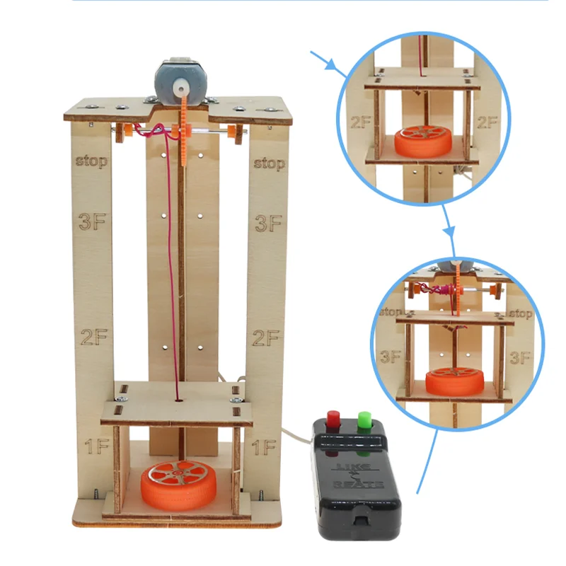 Handmade DIY Electric Remote Control Lift Elevator Wooden Model Kit Kids Education Toy Science School Projects Experiment