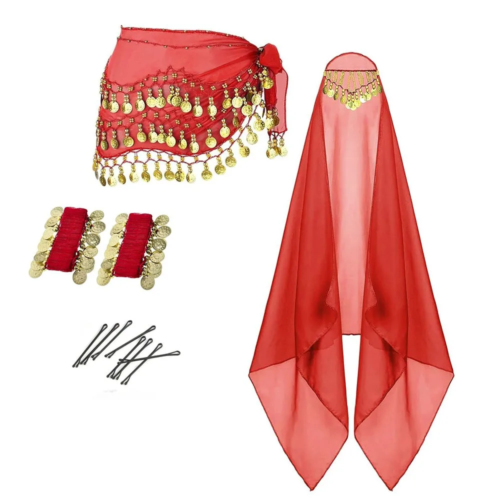 

Detachable Headpiece Women's Belly Dance Outfits Coin Wrist Bracelets Head Scarf Belly Dance Costumes Veil Accessories