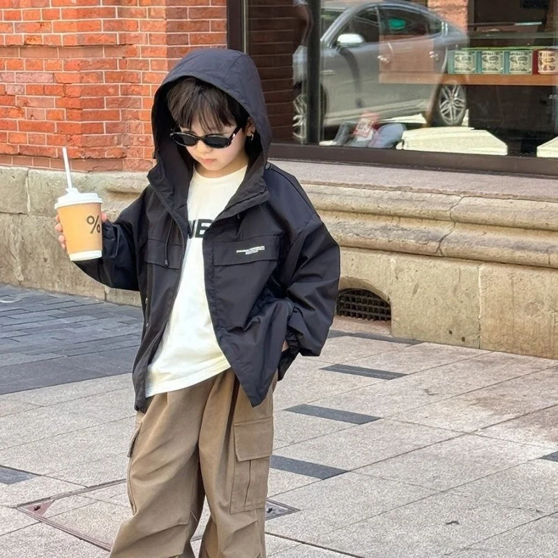 아동 코트 2025 봄 새 소년 한국어 버전 컬러 블록 후드 자켓 남여 스포츠 컬러 블록 탑 봄, 가을