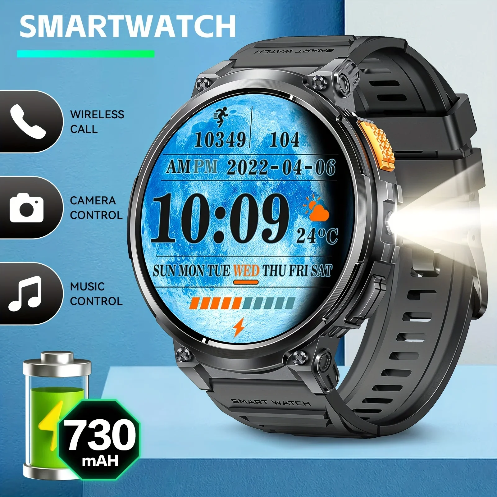 Smart Watch Men Flashlight Bluetooth Call 1.85inch 128MB Memory 730mAh Large Battery LED Light Outdoor Sport Smartwatch