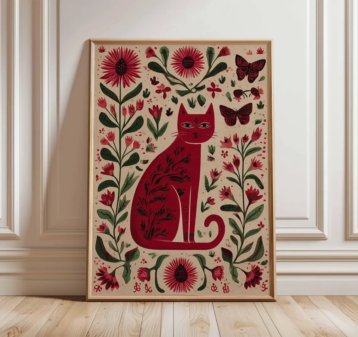 Blumen-Katzen-Wandkunstdruck, von Volkskunst inspiriertes Poster mit Blumen und Schmetterlingen, Boho-Tierkunstwerk, Natur-Heimdekoration, Floral C