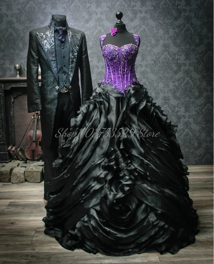 Black Purple Victorian Wedding Delicate Square Neck Beaded Corset Puffy Pleated Puffy Gothic Steampunk Bloodsucking Bridal Gowns