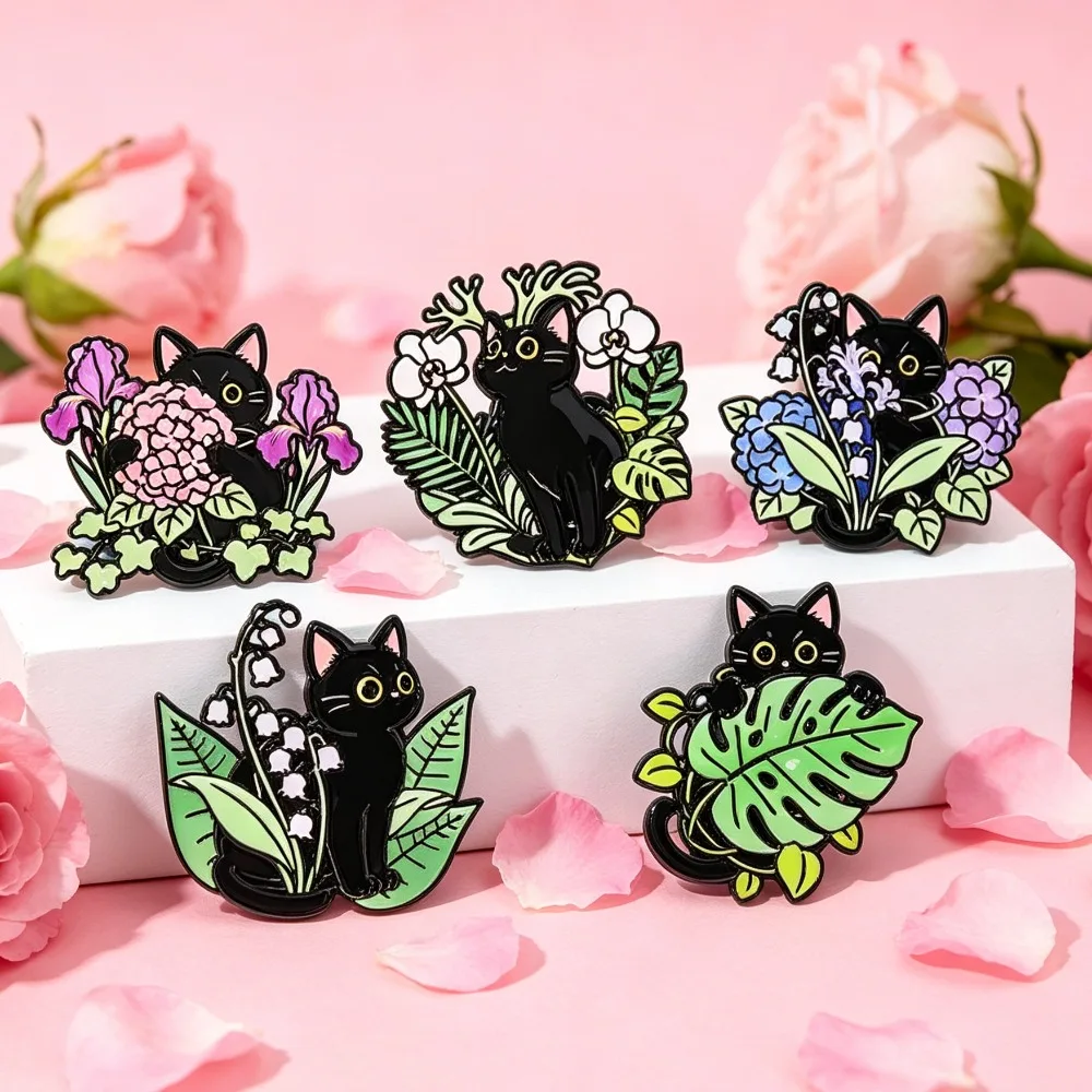Schwarze Katze & Blumen Emaille-Broschen-Set – Niedliche Tier-Anstecknadel für Rucksack, Schmuckgeschenk