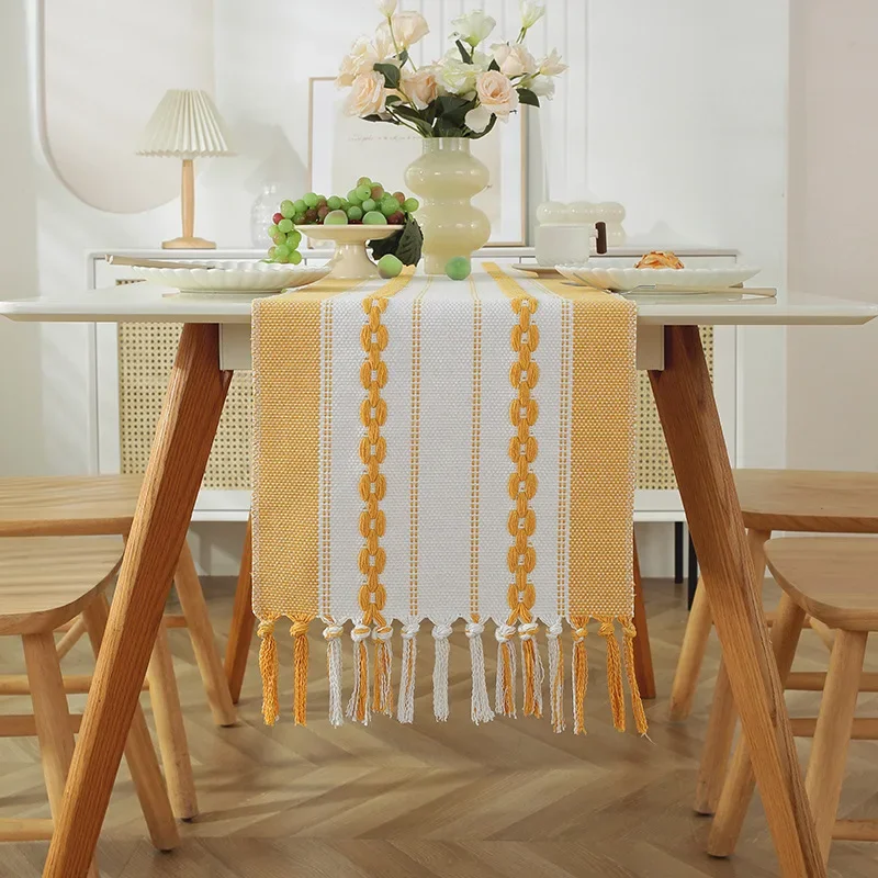 Nordic 3D Cotton and Linen Table Runner Party Long Dining Tablecloth with Tassels Shoe Cabinet Cover Towel for Living Room