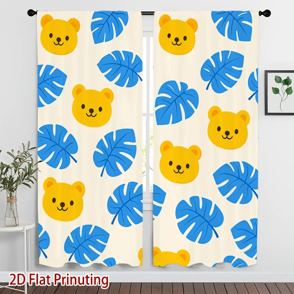 Cute Yellow Bear & Blue Monstera Leaf Curtains Set of 2 Rod Pocket Light Filtering Privacy Curtains for Kids Room Living Room