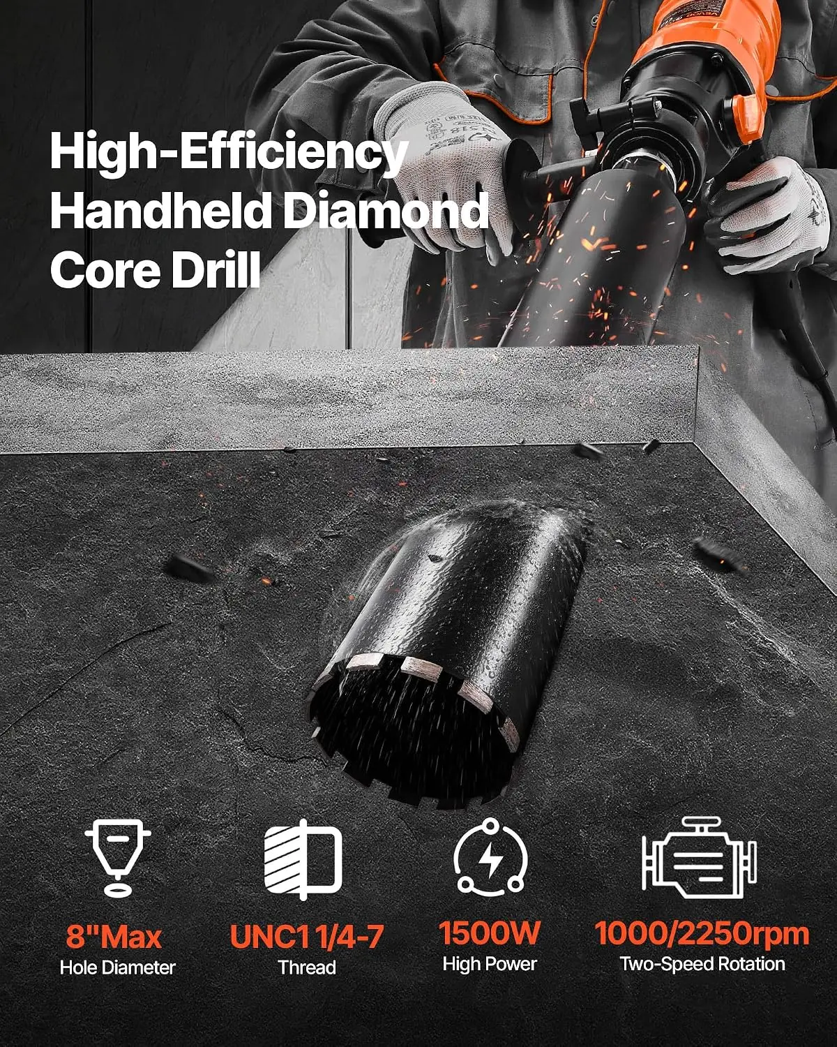 Diamond Core Drilling Machine, 8 in Drilling Diameter, Handheld Dry and Wet Concrete Core Drill Rig with 4 Drill Bits, 1075/2300