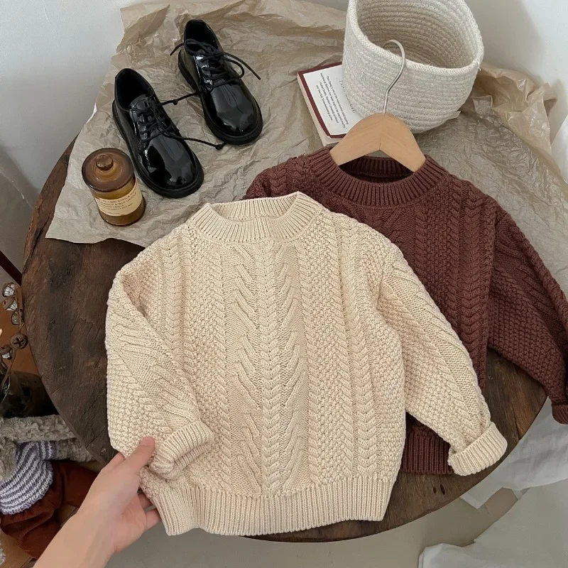 2024 Fall Winter Kids sweater Girls Half high collar Twists knit pullover Boys solid color warm base Tops